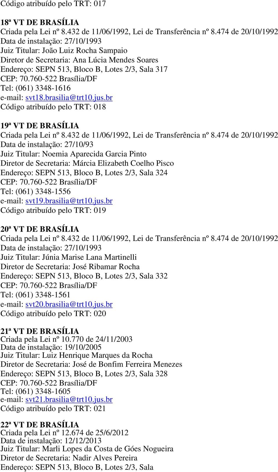 brasilia@trt10.jus.br Código atribuído pelo TRT: 018 19ª VT DE BRASÍLIA, Lei de Transferência nº 8.