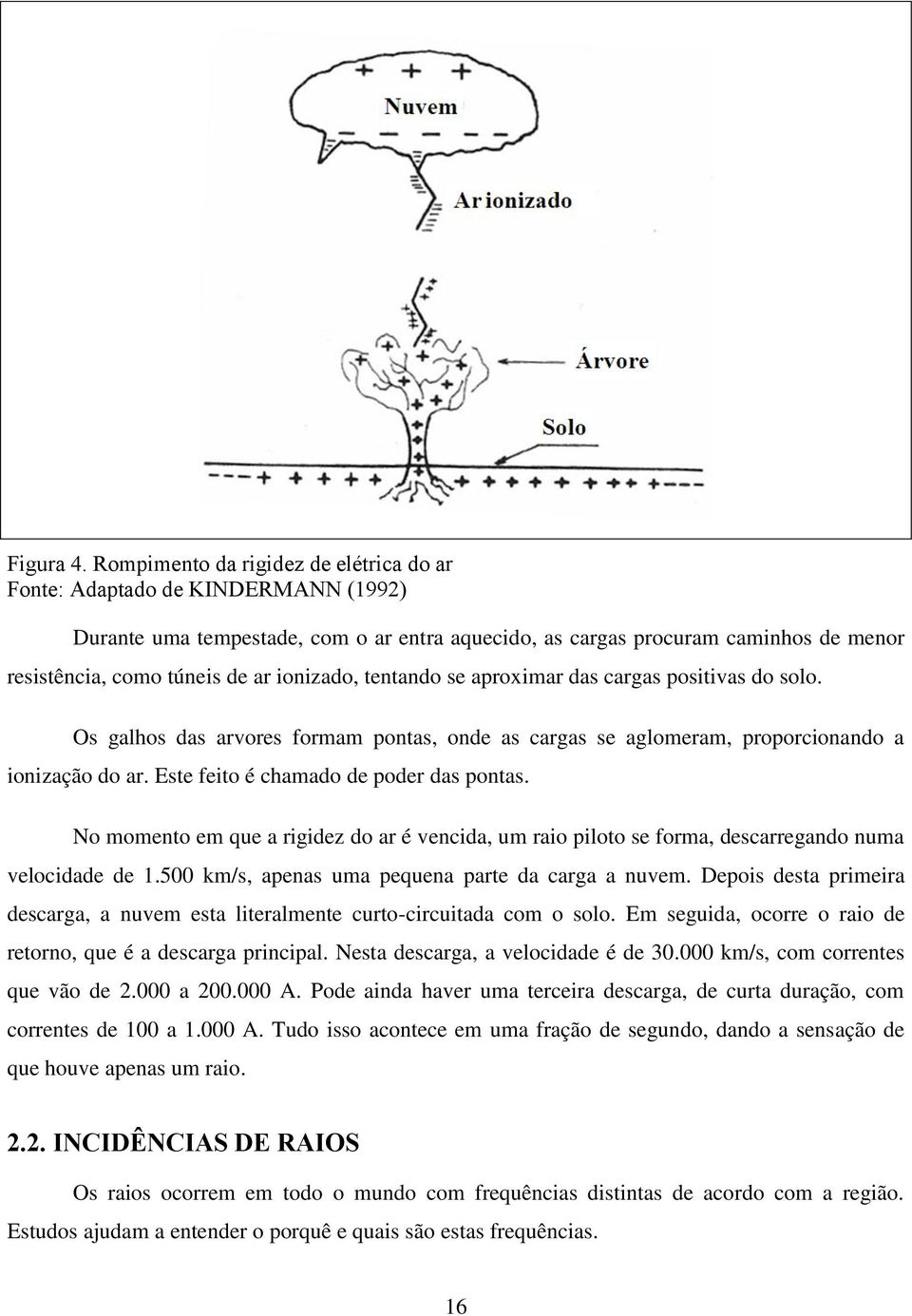 ionizado, tentando se aproximar das cargas positivas do solo. Os galhos das arvores formam pontas, onde as cargas se aglomeram, proporcionando a ionização do ar.