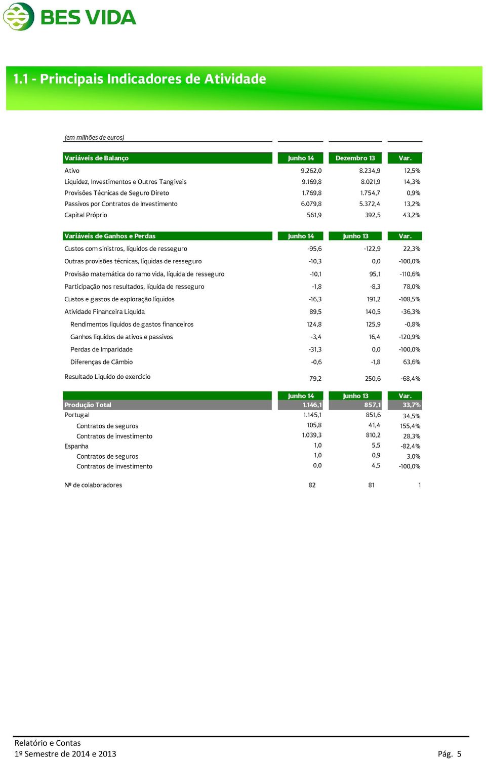 372,4 13,2% Capital Próprio 561,9 392,5 43,2% Variáveis de Ganhos e Perdas Junho 14 Junho 13 Var.