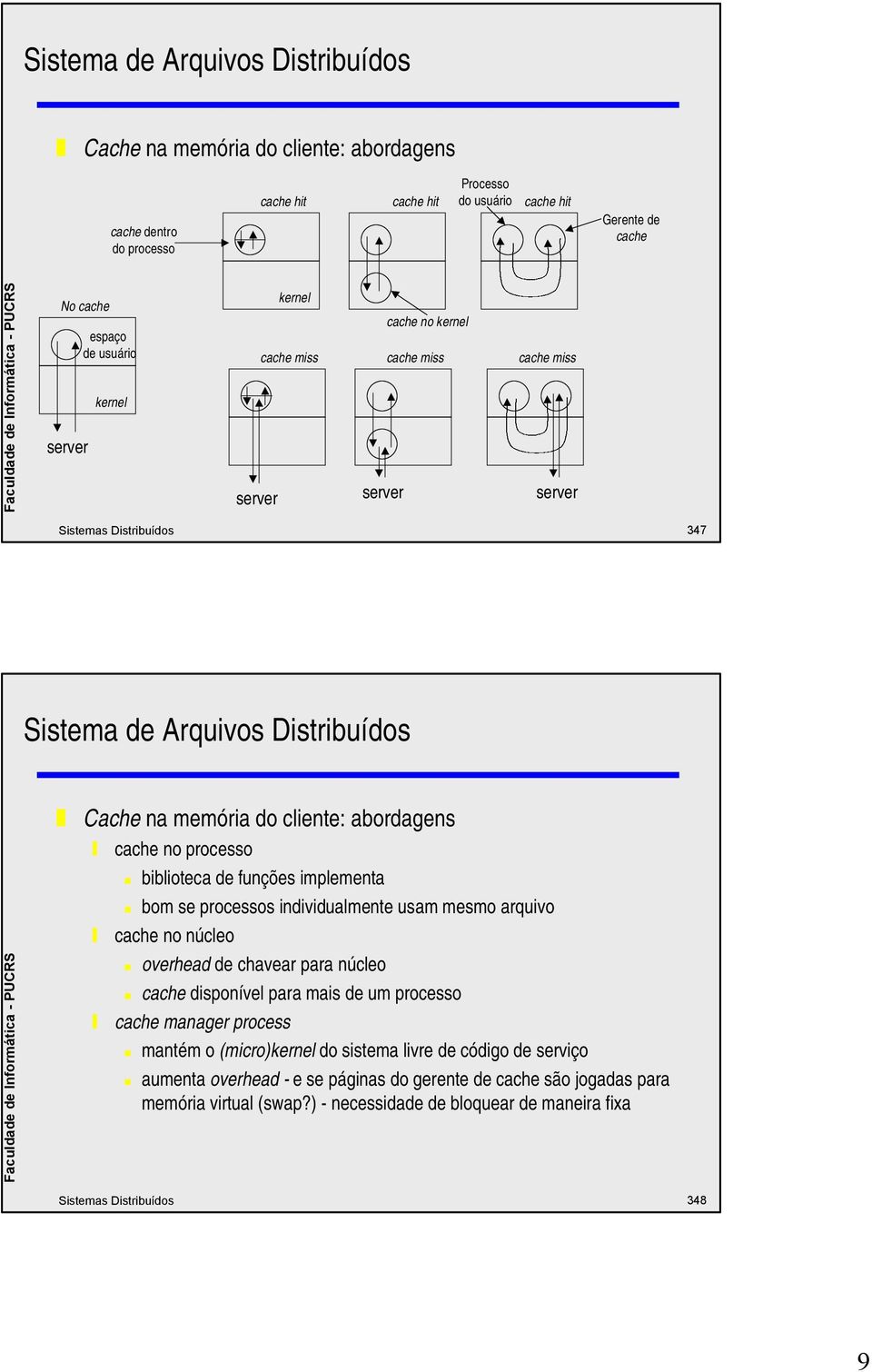 processos individualmente usam mesmo arquivo cache no núcleo overhead de chavear para núcleo cache disponível para mais de um processo cache manager process mantém o (micro)kernel do