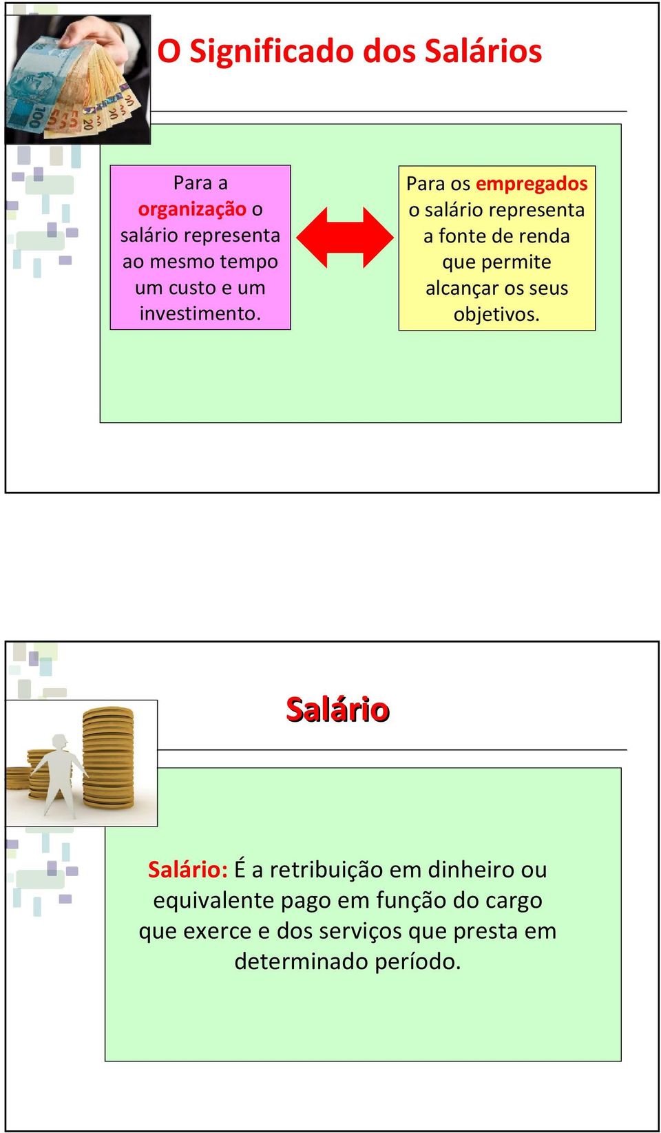 Para os empregados o salário representa a fonte de renda que permite alcançar os seus