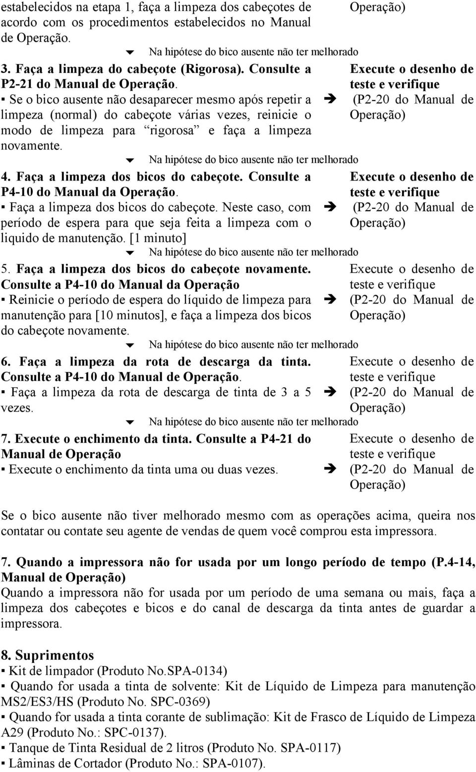 Se o bico ausente não desaparecer mesmo após repetir a limpeza (normal) do cabeçote várias vezes, reinicie o modo de limpeza para rigorosa e faça a limpeza novamente. 4.