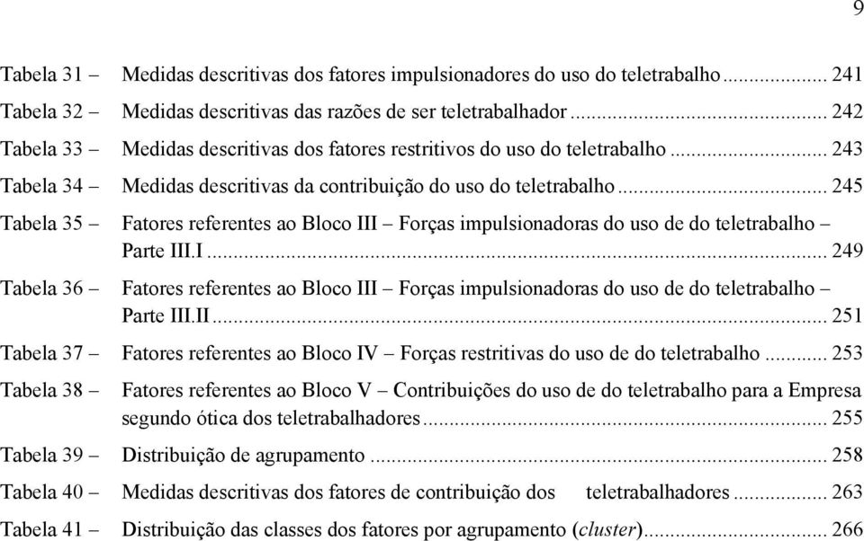 .. 245 Tabela 35 Fatores referentes ao Bloco III Forças impulsionadoras do uso de do teletrabalho Parte III.I... 249 Tabela 36 Fatores referentes ao Bloco III Forças impulsionadoras do uso de do teletrabalho Parte III.