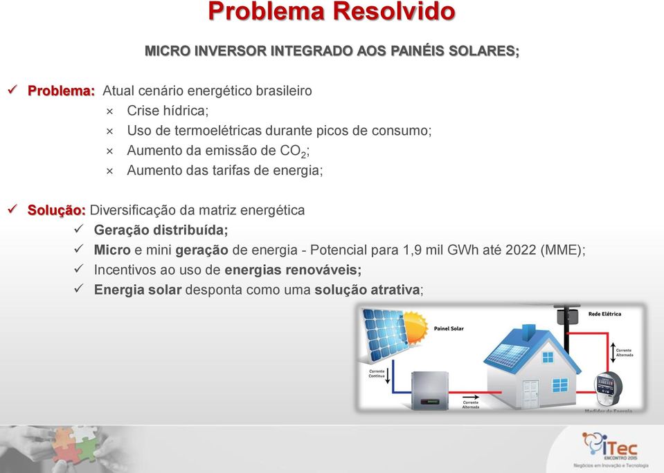 Solução: Diversificação da matriz energética Geração distribuída; Micro e mini geração de energia - Potencial para