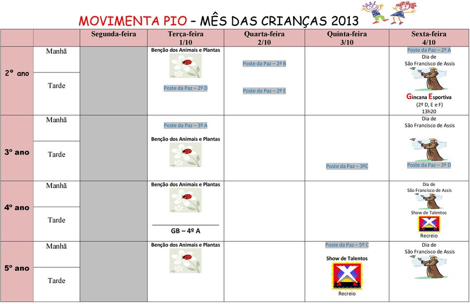 Paz 2º E (2º D, E e F) 13h20 Benção dos Animais e Plantas Poste da Paz 3ºC Poste da Paz