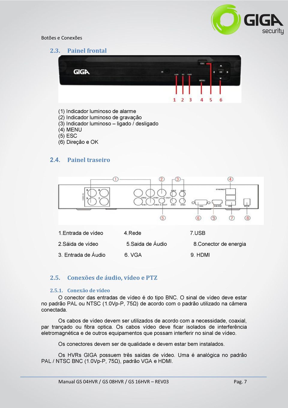 Conexão de vídeo O conector das entradas de vídeo é do tipo BNC. O sinal de vídeo deve estar no padrão PAL ou NTSC (1.0Vp-P, 75Ω) de acordo com o padrão utilizado na câmera conectada.