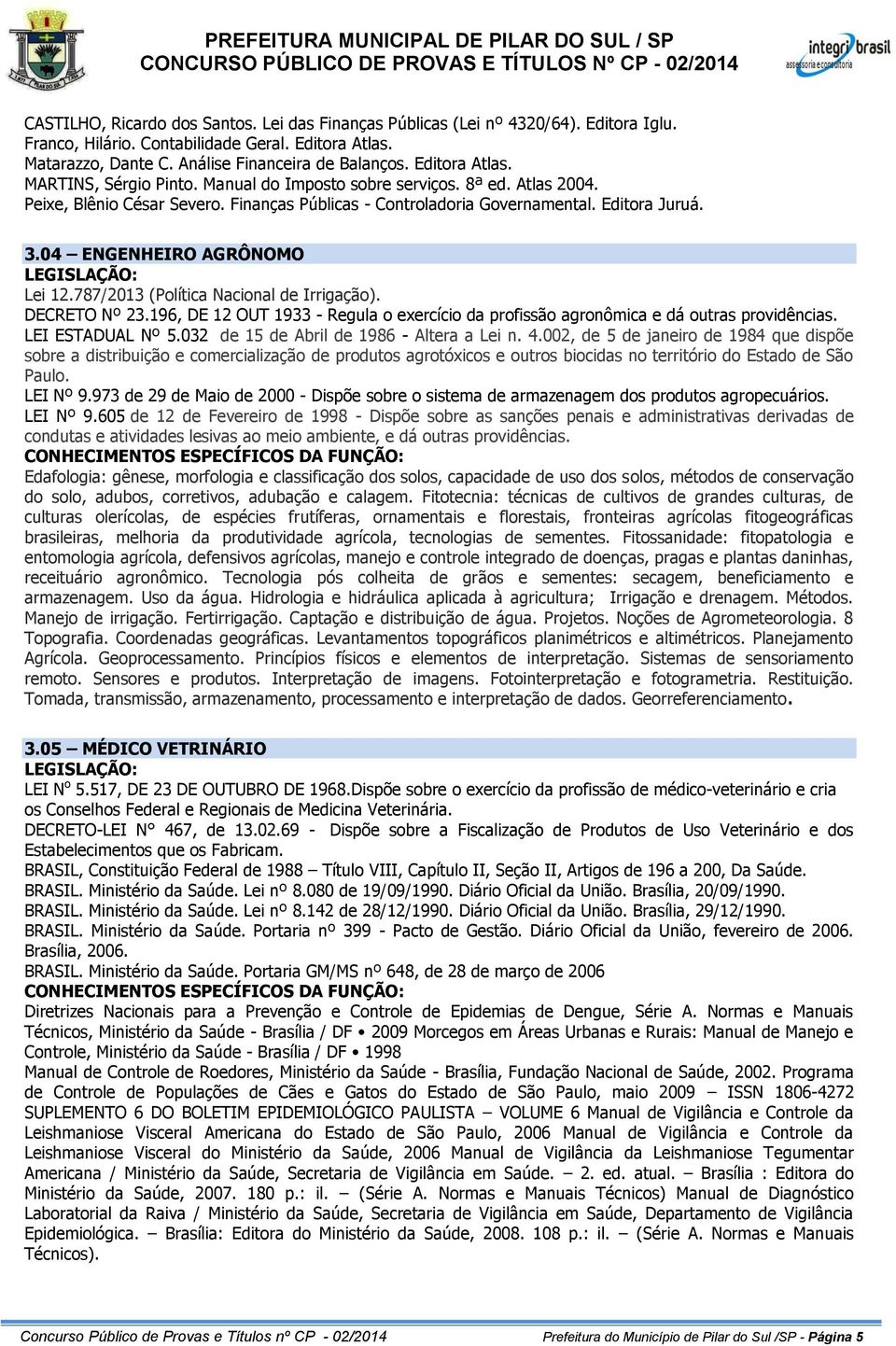 04 ENGENHEIRO AGRÔNOMO LEGISLAÇÃO: Lei 12.787/2013 (Política Nacional de Irrigação). DECRETO Nº 23.196, DE 12 OUT 1933 - Regula o exercício da profissão agronômica e dá outras providências.