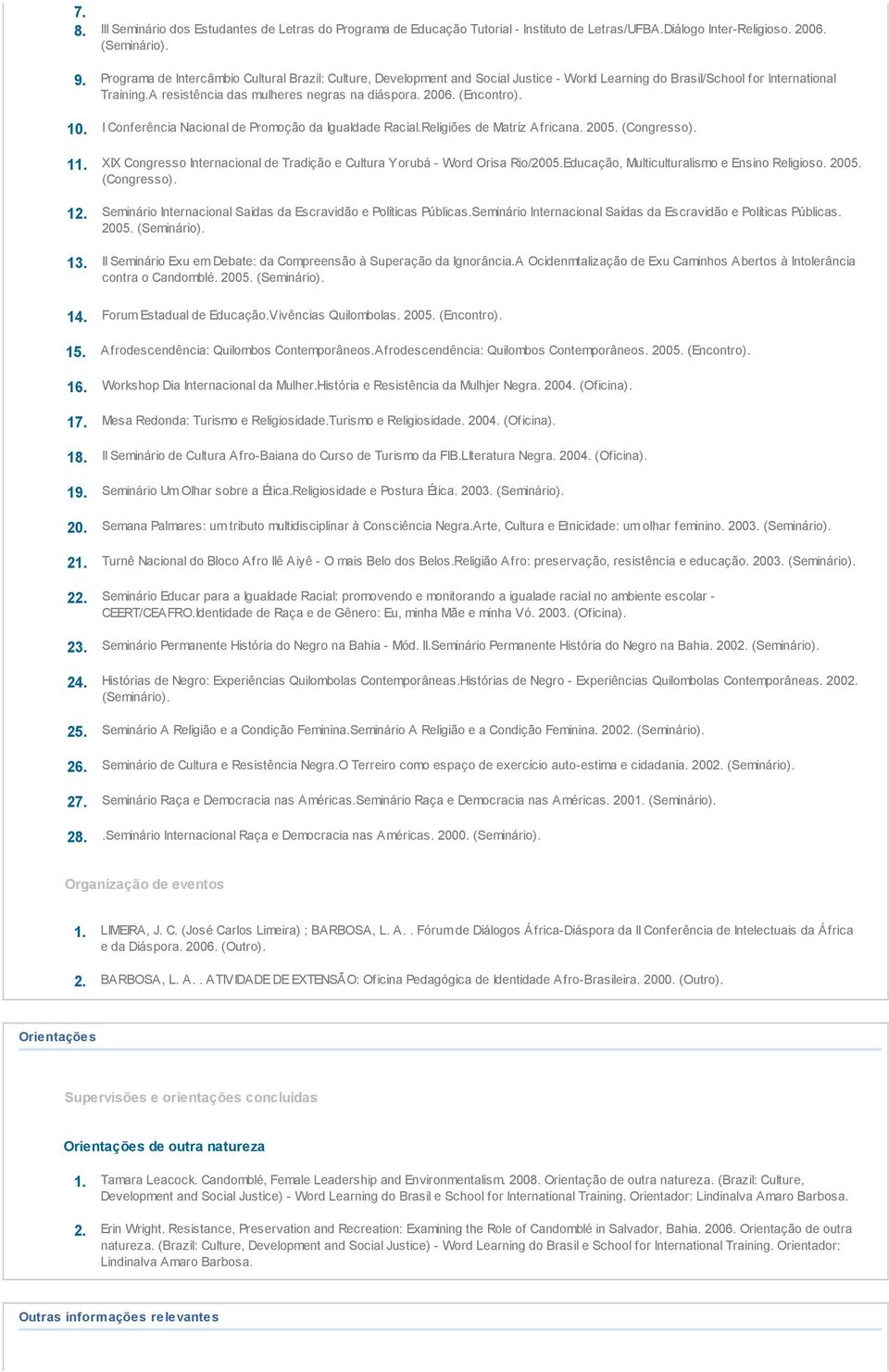 (Encontro). 10. I Conferência Nacional de Promoção da Igualdade Racial.Religiões de Matríz Africana. 2005. (Congresso). 11.