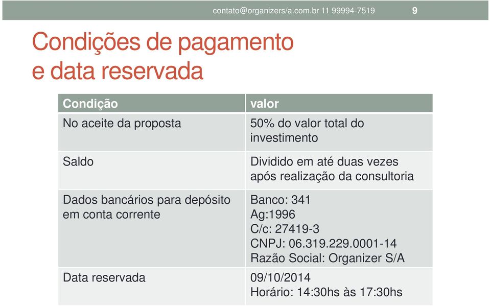 50% do valor total do investimento Dividido em até duas vezes após realização da consultoria Dados