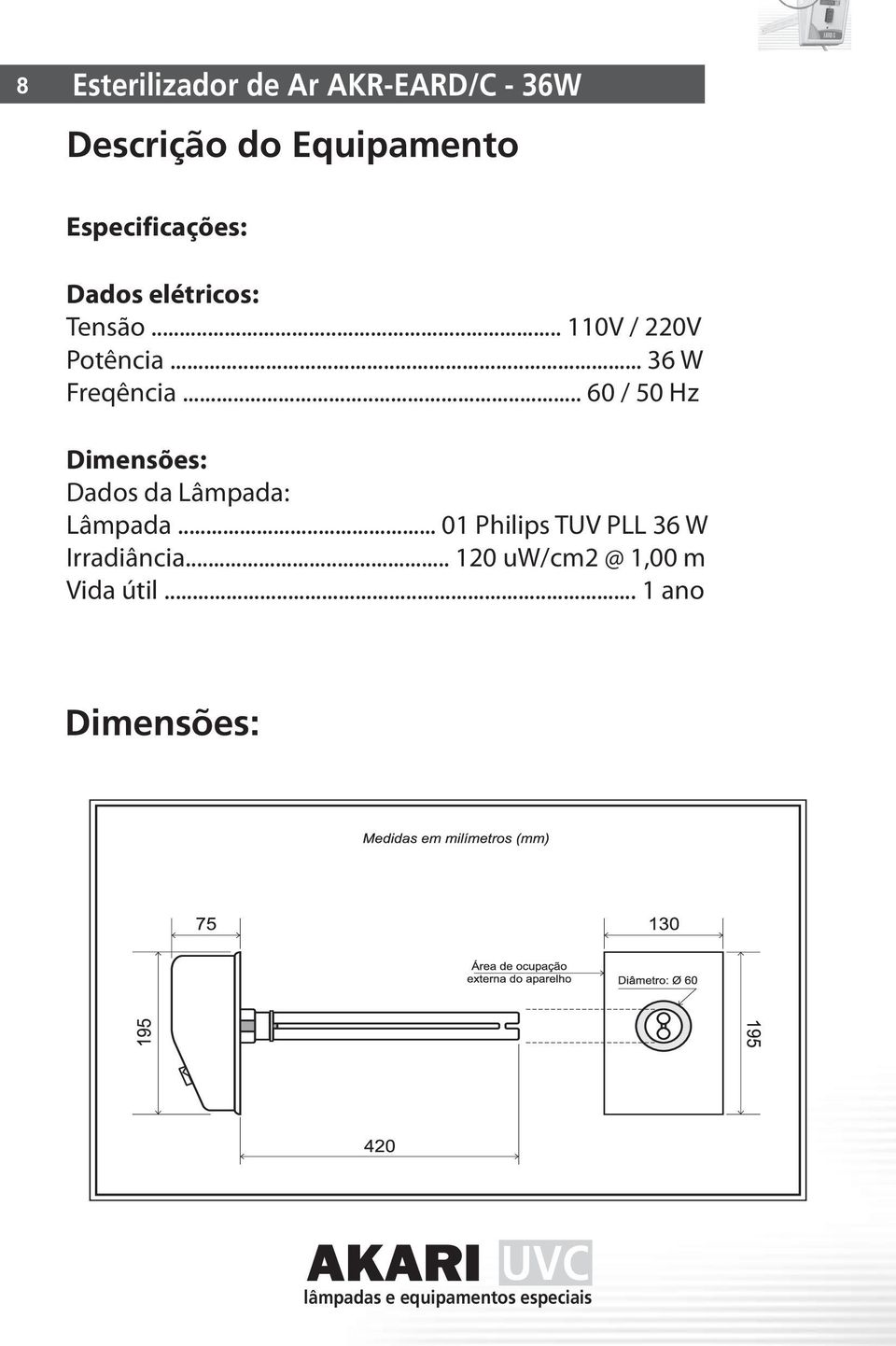 .. 60 / 50 Hz Dimensões: Dados da Lâmpada: Lâmpada.