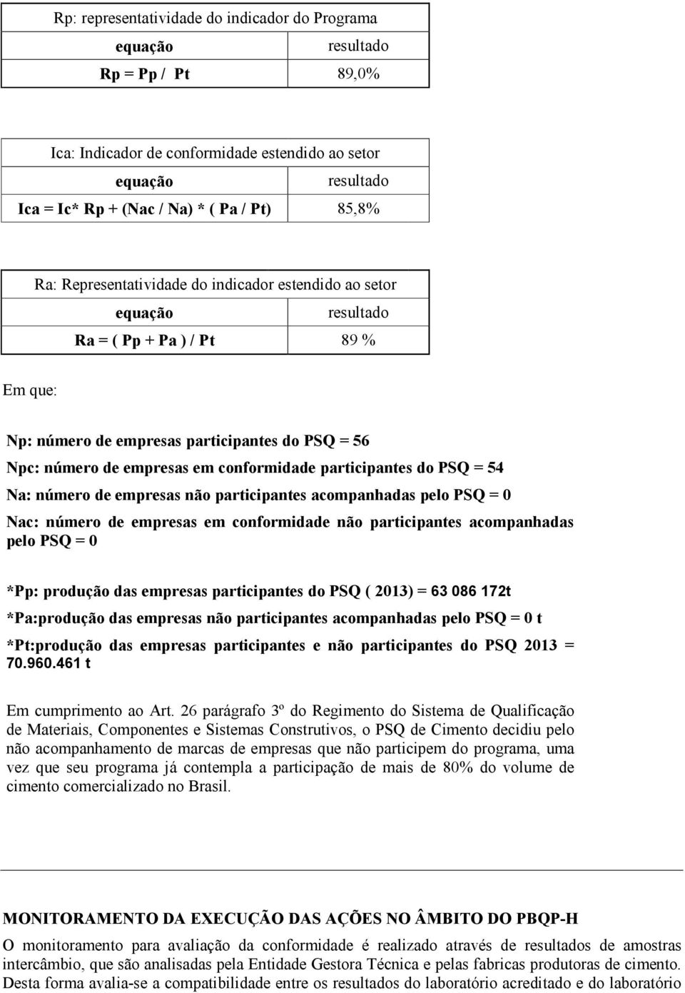 participantes do PSQ = 54 Na: número de empresas não participantes acompanhadas pelo PSQ = 0 Nac: número de empresas em conformidade não participantes acompanhadas pelo PSQ = 0 *Pp: produção das