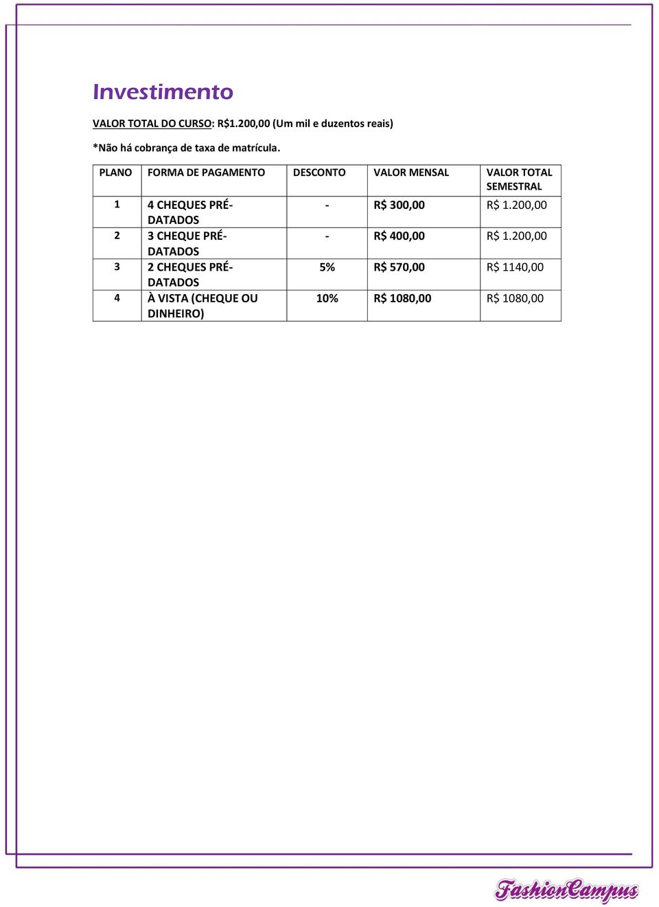 PLANO FORMA DE PAGAMENTO DESCONTO VALOR MENSAL VALOR TOTAL SEMESTRAL 1 4 CHEQUES PRÉ- DATADOS 2