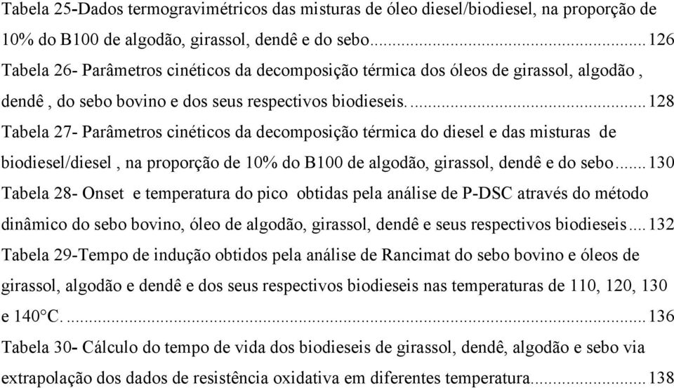 ... 128 Tabela 27- Parâmetros cinéticos da decomposição térmica do diesel e das misturas de biodiesel/diesel, na proporção de 10% do B100 de algodão, girassol, dendê e do sebo.