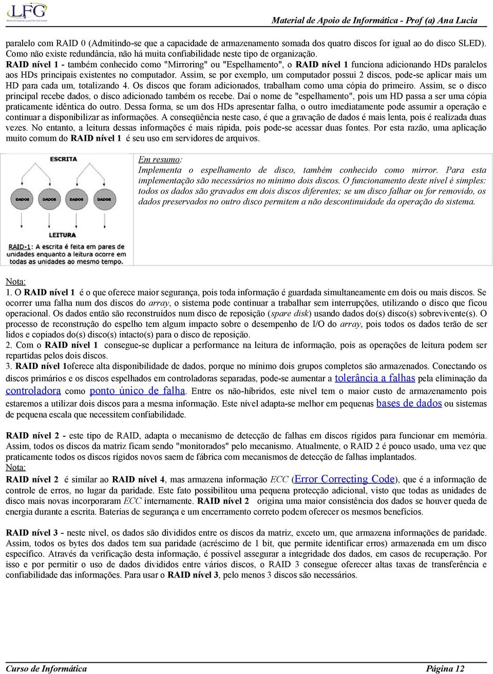 RAID nível 1 - também conhecido como "Mirroring" ou "Espelhamento", o RAID nível 1 funciona adicionando HDs paralelos aos HDs principais existentes no computador.