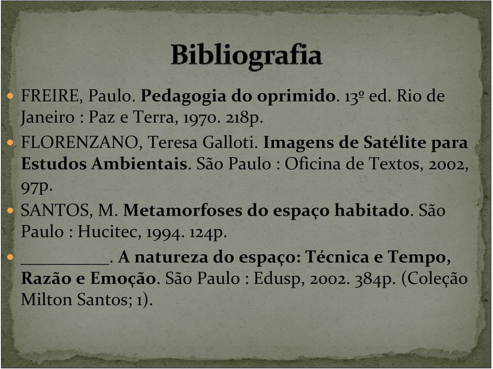 São Paulo : Oficina de Textos, 2002, 97p. SANTOS, M. Metamorfoses do espaço habitado.