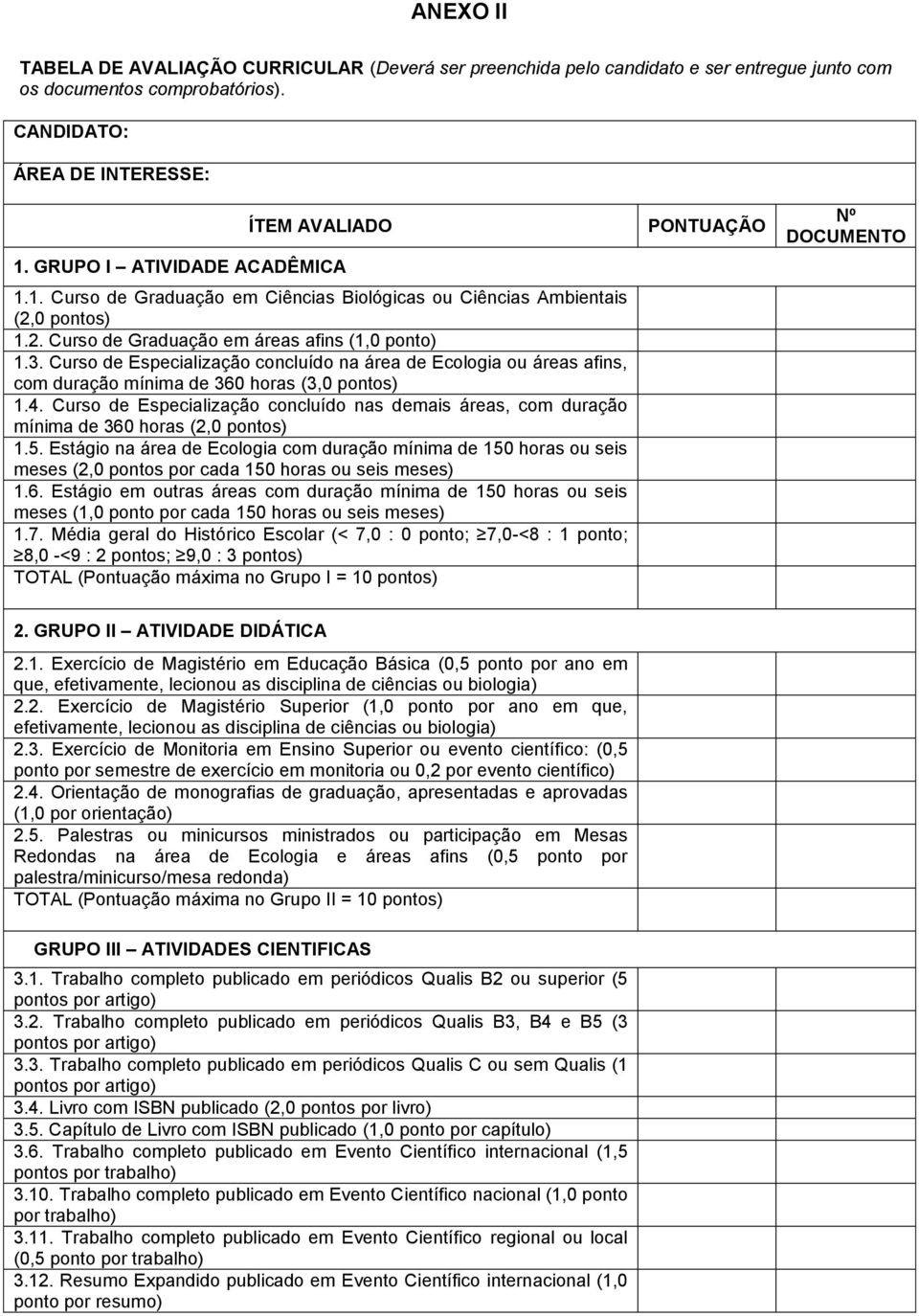 Curso de Especialização concluído na área de Ecologia ou áreas afins, com duração mínima de 360 horas (3,0 pontos) 1.4.