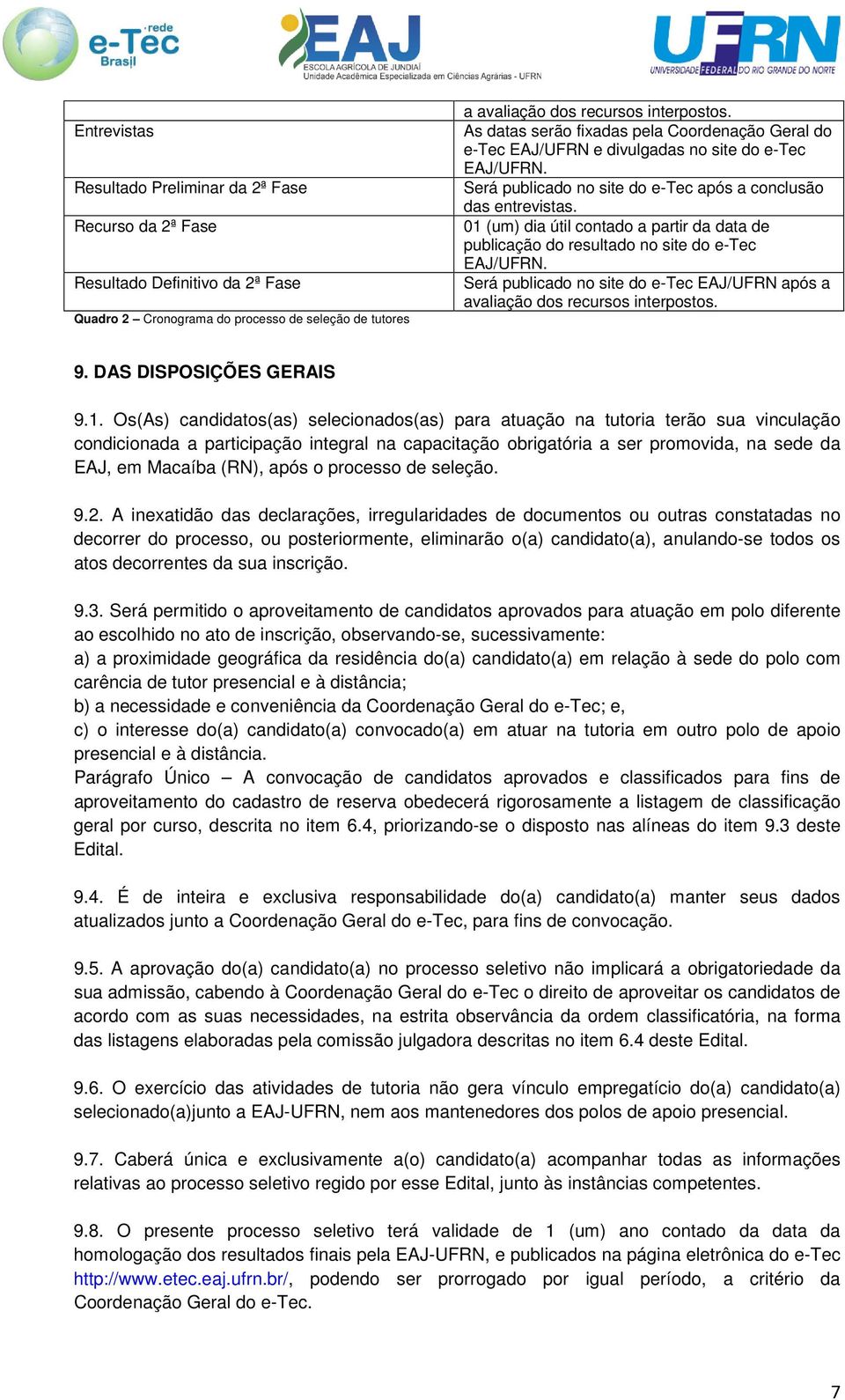 01 (um) dia útil contado a partir da data de publicação do resultado no site do e-tec EAJ/UFRN. Será publicado no site do e-tec EAJ/UFRN após a avaliação dos recursos interpostos. 9.