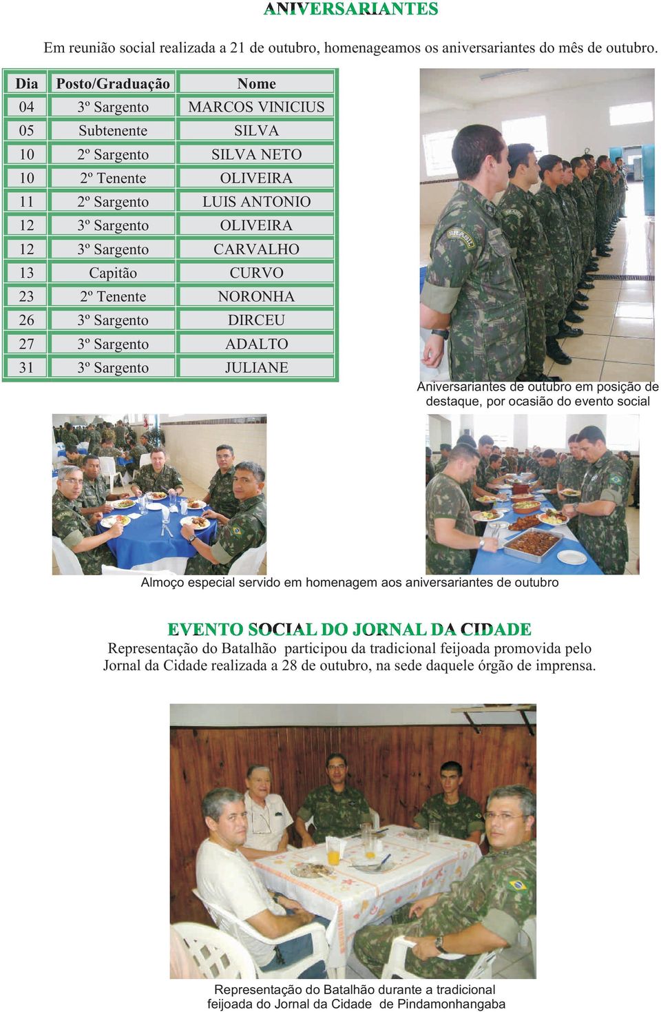 CARVALHO 13 Capitão CURVO 23 2º Tenente NORONHA 26 3º Sargento DIRCEU 27 3º Sargento ADALTO 31 3º Sargento JULIANE Aniversariantes de outubro em posição de destaque, por ocasião do evento social