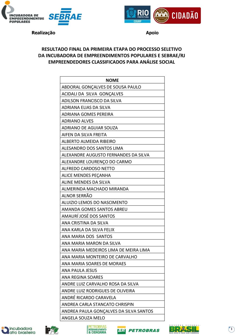 MIRANDA ALNOR SERRÃO ALUIZIO LEMOS DO NASCIMENTO AMANDA GOMES SANTOS ABREU AMAURÍ JOSÉ DOS SANTOS ANA CRISTINA DA SILVA ANA KARLA DA SILVA FELIX ANA MARIA DOS SANTOS ANA MARIA MARON DA SILVA ANA