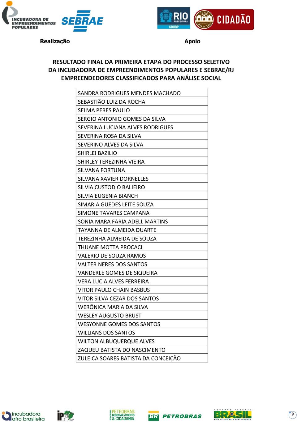 TAYANNA DE ALMEIDA DUARTE TEREZINHA ALMEIDA DE SOUZA THUANE MOTTA PROCACI VALERIO DE SOUZA RAMOS VALTER NERES DOS SANTOS VANDERLE GOMES DE SIQUEIRA VERA LUCIA ALVES FERREIRA VITOR PAULO CHAIN BASBUS