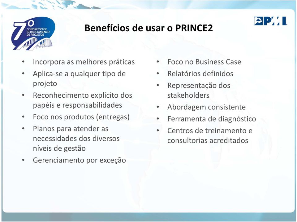 diversos níveis de gestão Gerenciamento por exceção Foco no Business Case Relatórios definidos Representação