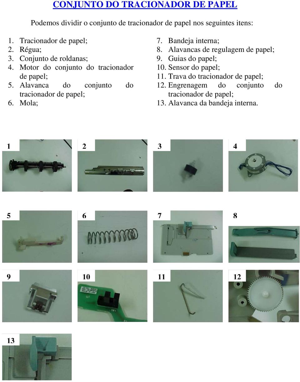 Alavanca do conjunto do tracionador de papel; 6. Mola; 7. Bandeja interna; 8. Alavancas de regulagem de papel; 9.