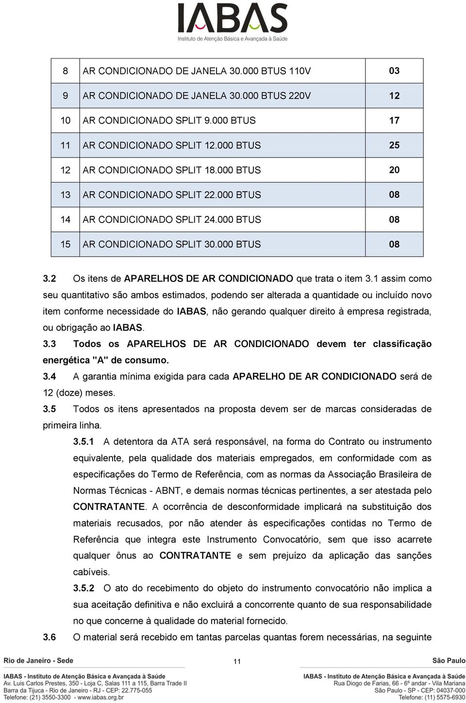 2 Os itens de APARELHOS DE AR CONDICIONADO que trata o item 3.