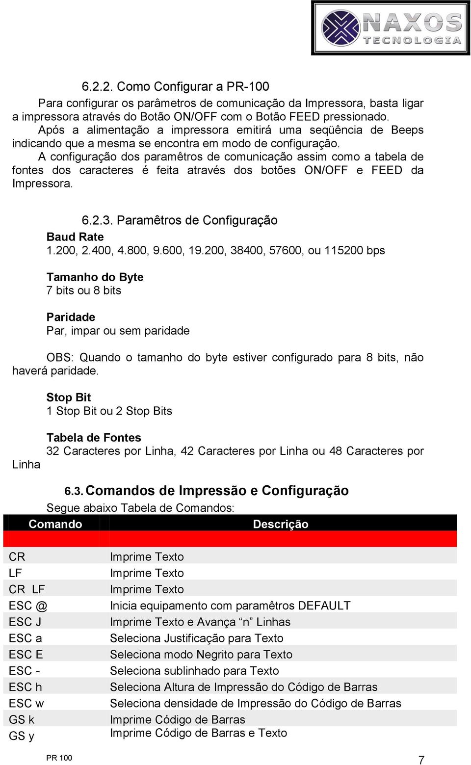 A cofiguração dos paramêtros de comuicação assim como a tabela de fotes dos caracteres é feita através dos botões ON/OFF e FEED da Impressora. 6.2.3. Paramêtros de Cofiguração Baud Rate 1.200, 2.