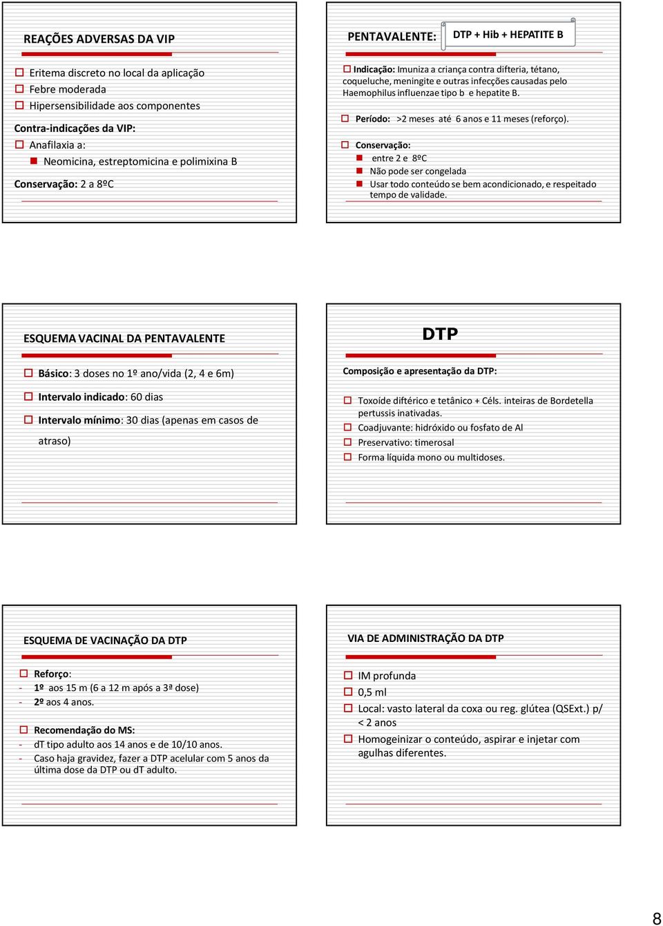 e hepatite B. Período: >2 meses até 6 anos e 11 meses (reforço). Conservação: entre 2 e 8ºC Não pode ser congelada Usar todo conteúdo se bem acondicionado, e respeitado tempo de validade.