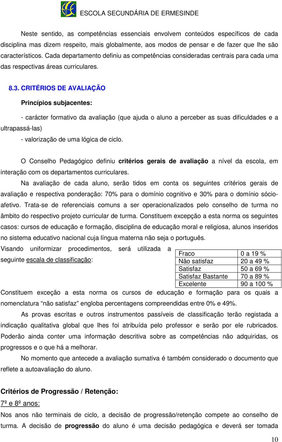 CRITÉRIOS DE AVALIAÇÃO Princípios subjacentes: - carácter formativo da avaliação (que ajuda o aluno a perceber as suas dificuldades e a ultrapassá-las) - valorização de uma lógica de ciclo.