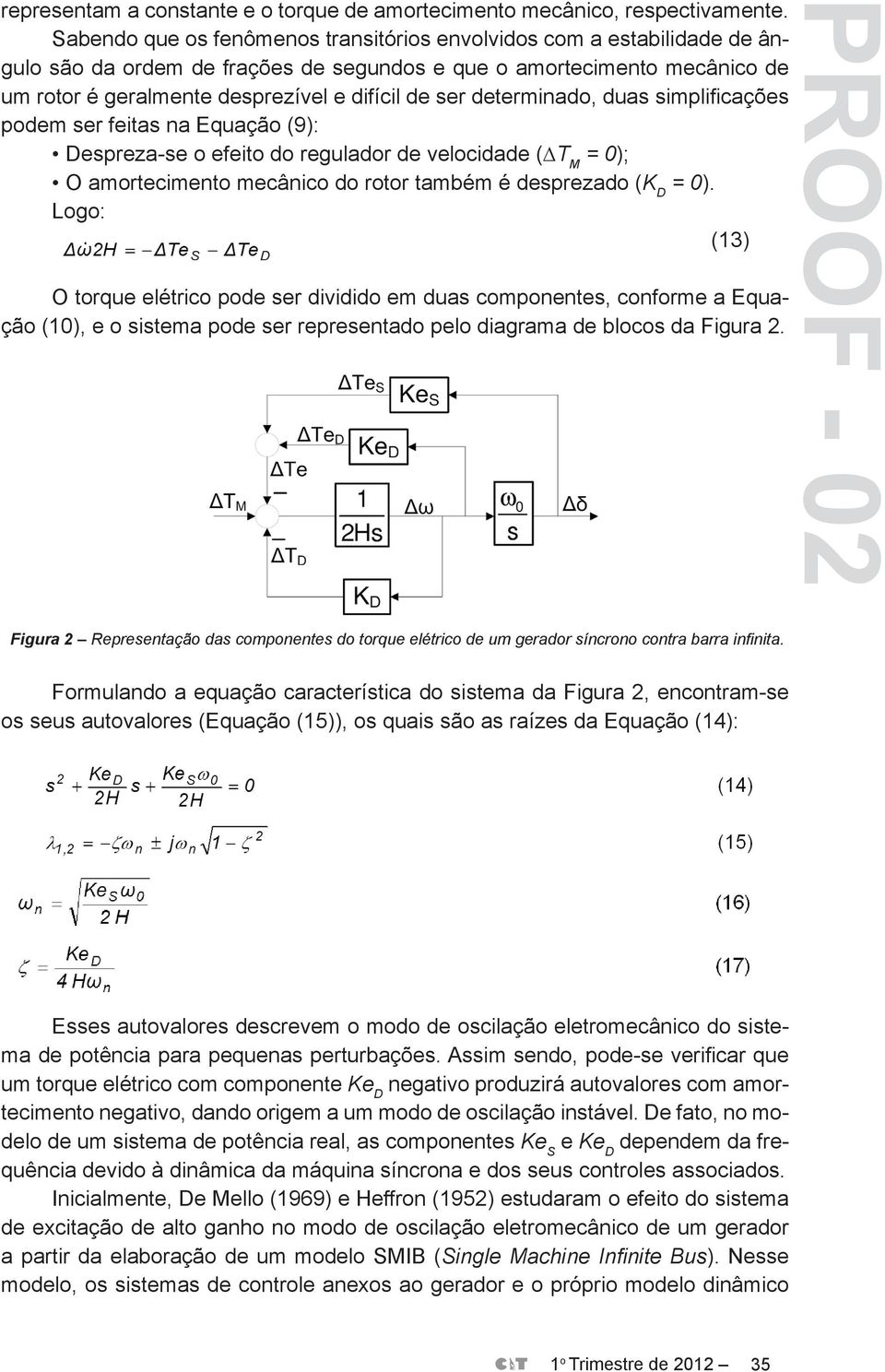 determinado, duas simplificações podem ser feitas na Equação (9): Despreza-se o efeito do regulador de velocidade ( T M = 0); O amortecimento mecânico do rotor também é desprezado (K D = 0).