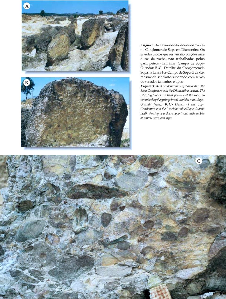 Sopa-Guinda), mostrando ser clasto-suportado com seixos de variados tamanhos e tipos. Figure 3: A- Abandoned mine of diamonds in the Sopa Conglomerate in the Diamantina district.