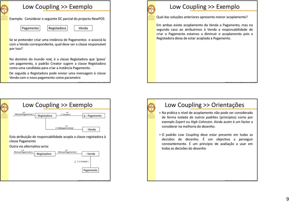 Em ambas existe acoplamento da Venda a Pagamento, mas no segundo caso ao atribuirmos à Venda a responsabilidade de criar o Pagamento estamos a diminuir o acoplamento pois a Registadora deixa de estar