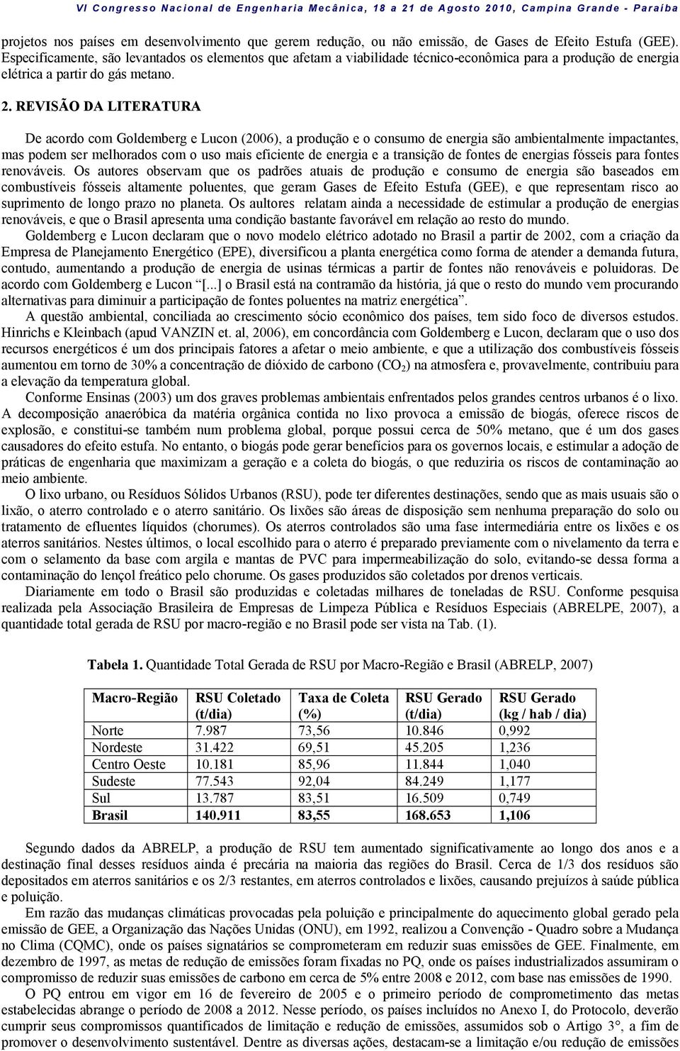 REVISÃO DA LITERATURA De acordo com Goldemberg e Lucon (2006), a produção e o consumo de energia são ambientalmente impactantes, mas podem ser melhorados com o uso mais eficiente de energia e a