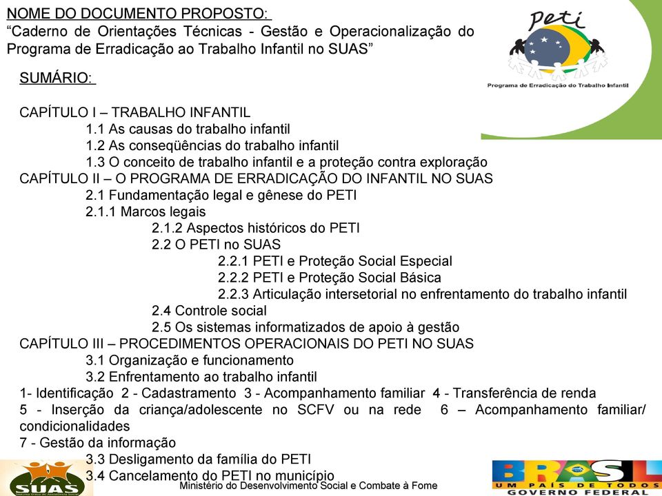 3 O conceito de trabalho infantil e a proteção contra exploração CAPÍTULO II O PROGRAMA DE ERRADICAÇÃO DO INFANTIL NO SUAS 2.1 Fundamentação legal e gênese do PETI 2.1.1 Marcos legais 2.1.2 Aspectos históricos do PETI 2.