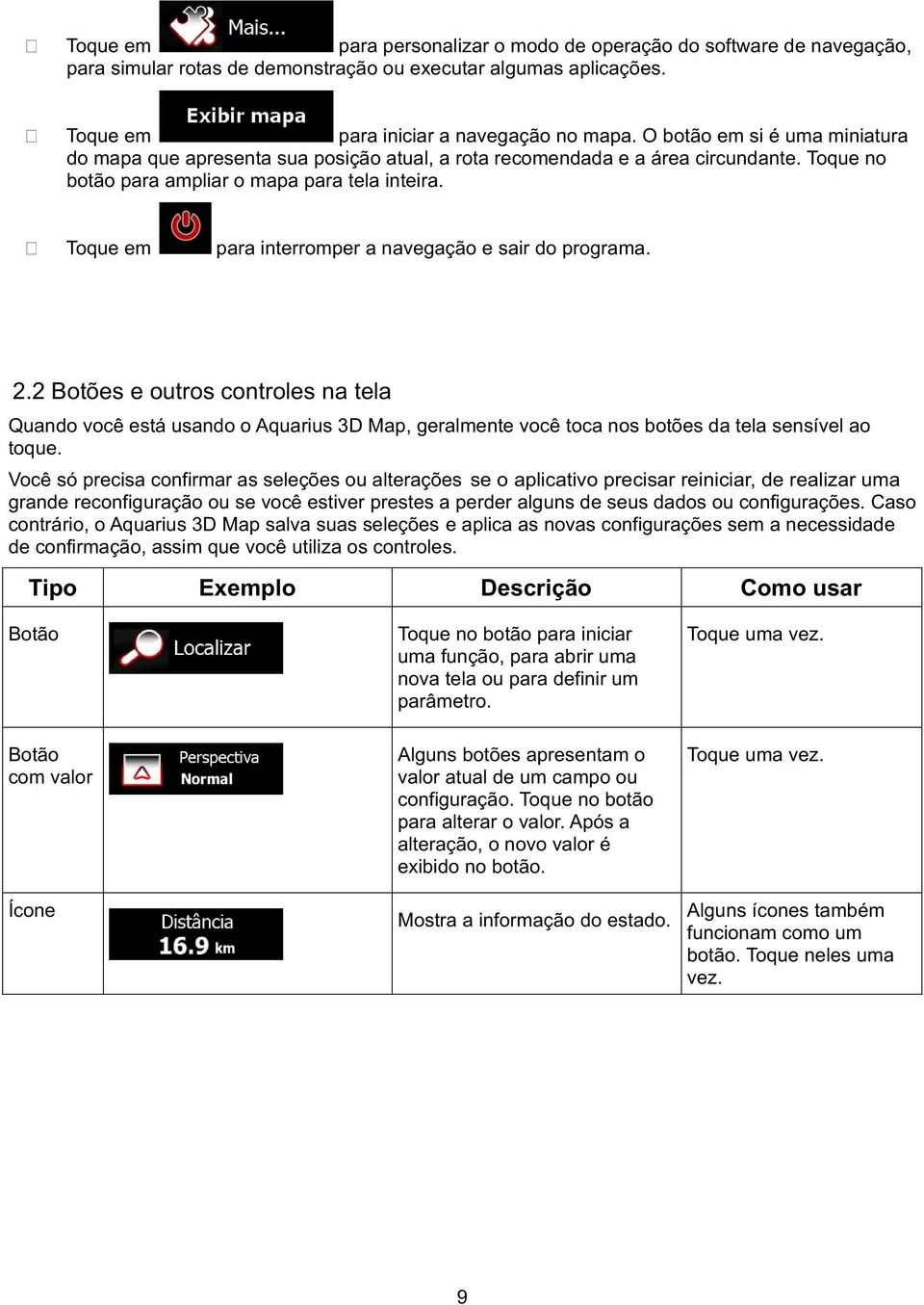 Toque em para interromper a navegação e sair do programa. 2.2 Botões e outros controles na tela Quando você está usando o Aquarius 3D Map, geralmente você toca nos botões da tela sensível ao toque.