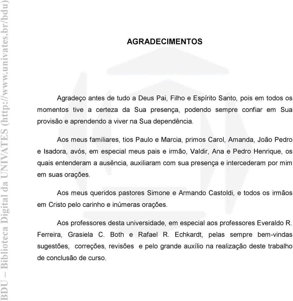 Aos meus familiares, tios Paulo e Marcia, primos Carol, Amanda, João Pedro e Isadora, avós, em especial meus pais e irmão, Valdir, Ana e Pedro Henrique, os quais entenderam a ausência, auxiliaram com