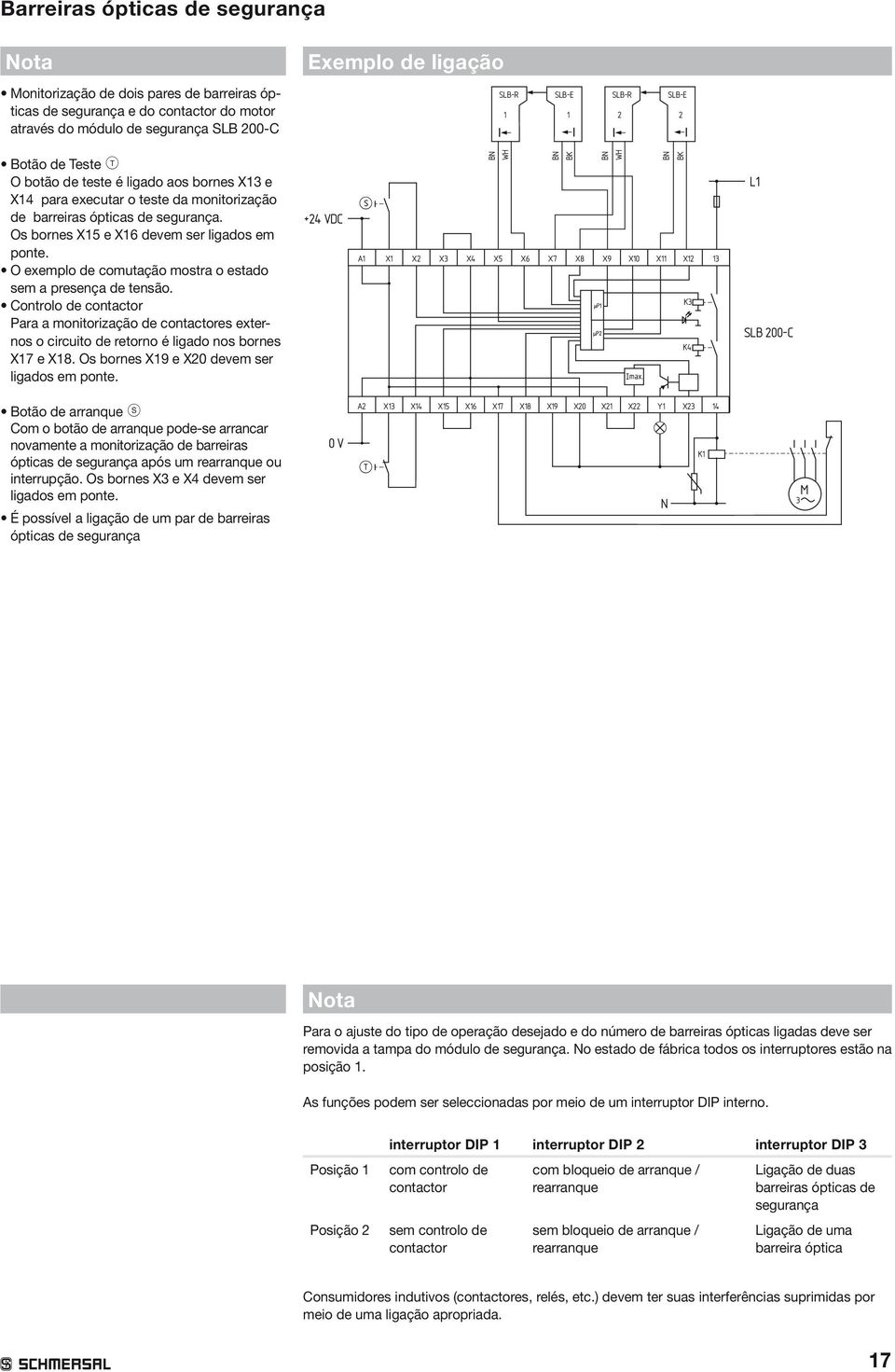 O exemplo de comutação mostra o estado sem a presença de tensão. Controlo de contactor Para a monitorização de contactores externos o circuito de retorno é ligado nos bornes X17 e X18.