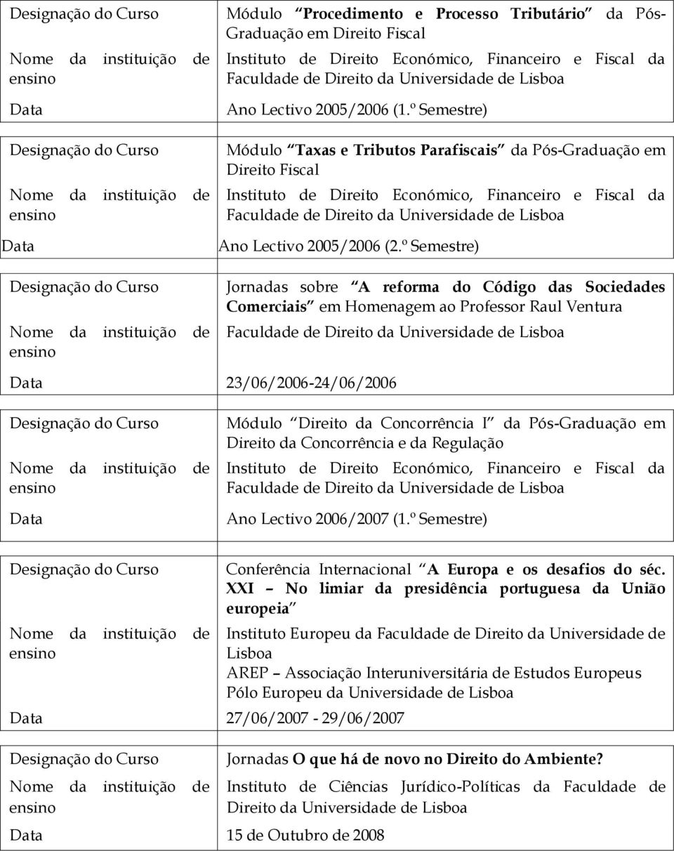 º Semestre) Jornadas sobre A reforma do Código das Sociedas Comerciais em Homenagem ao Professor Raul Ventura Faculda Direito da Universida Lisboa 23/06/2006-24/06/2006 Módulo Direito da Concorrência
