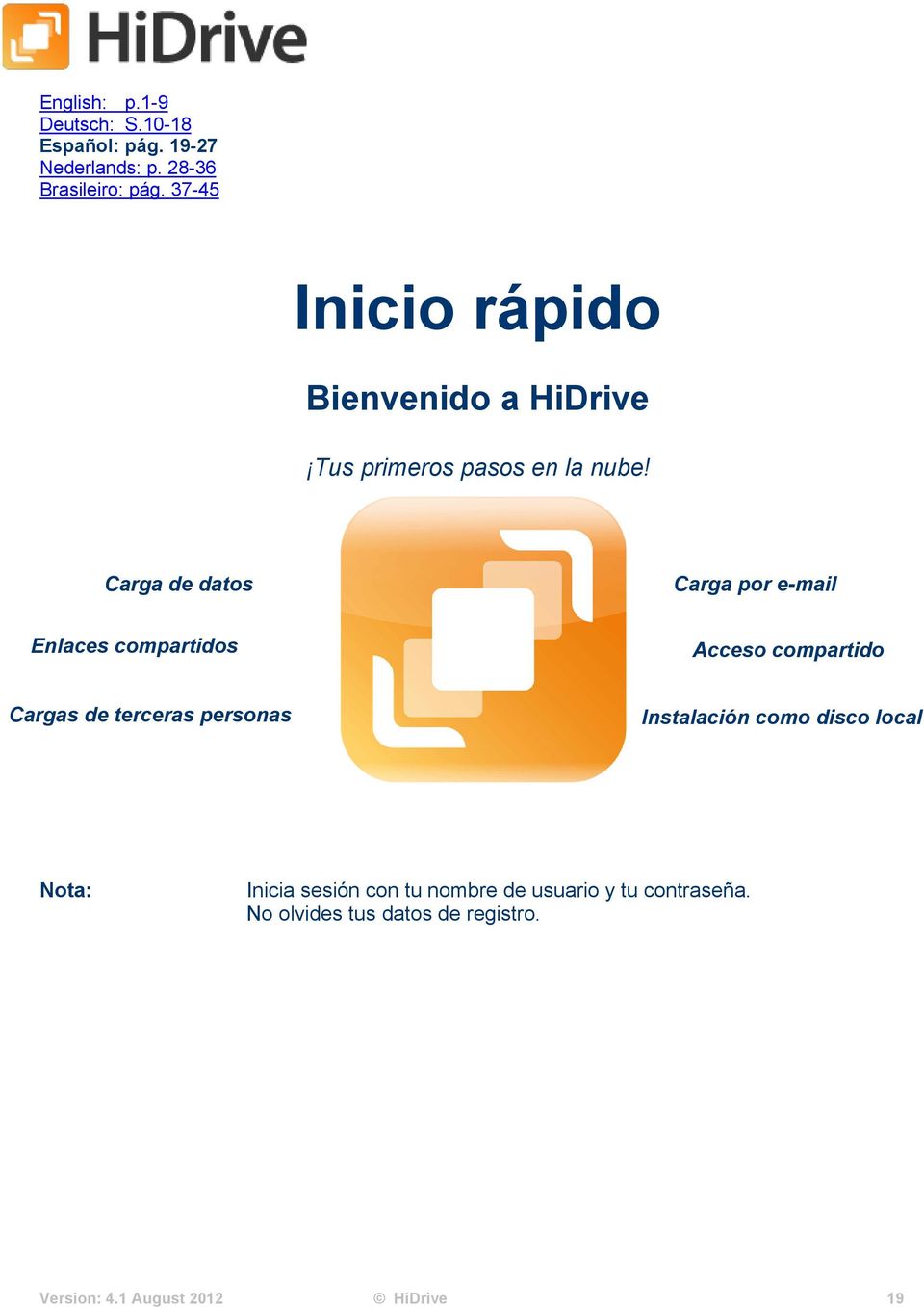 Carga de datos Carga por e-mail Enlaces compartidos Acceso compartido Cargas de terceras personas