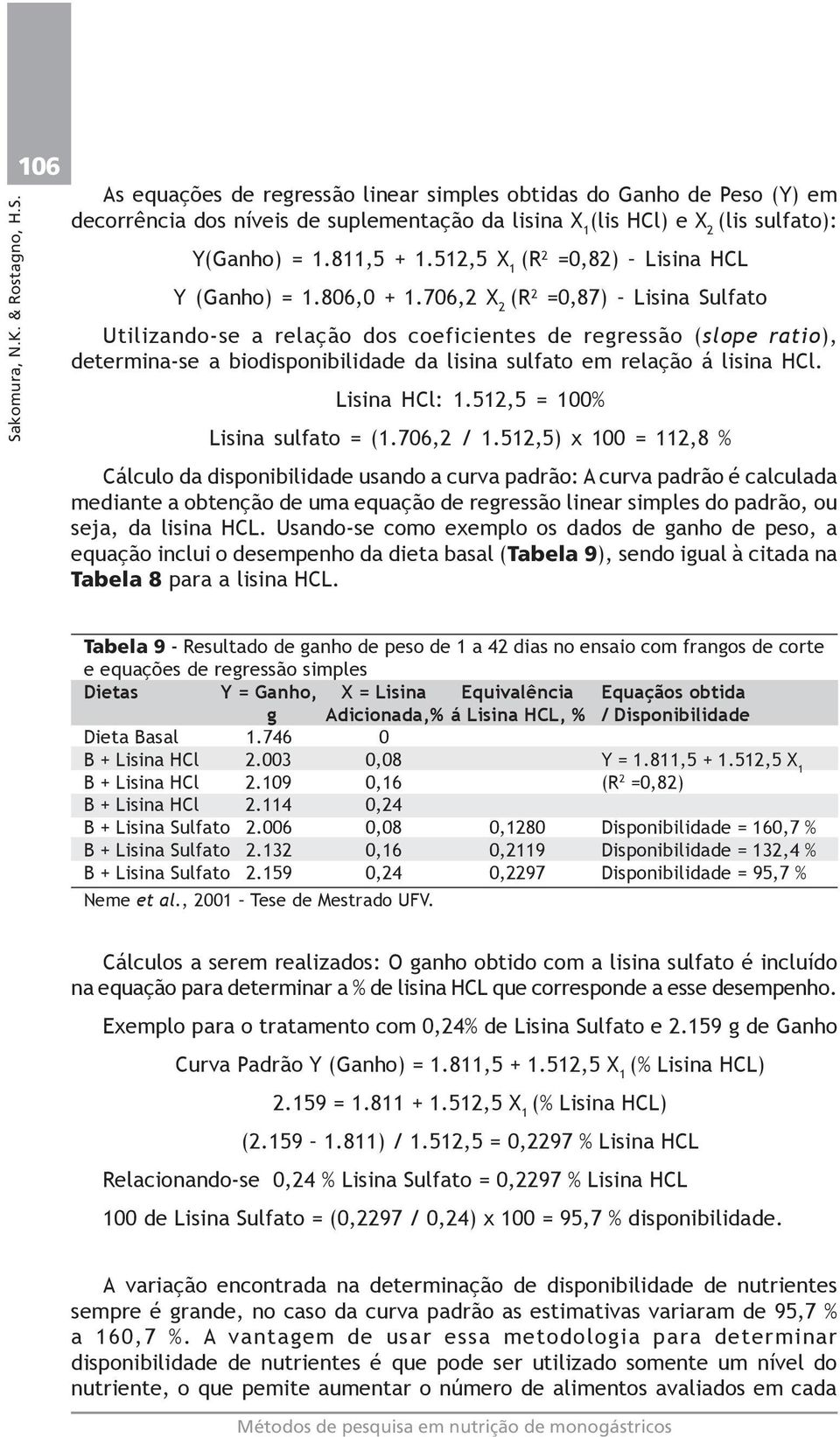 706,2 X 2 (R 2 =0,87) Lisina Sulfato Utilizando-se a relação dos coeficientes de regressão (slope ratio), determina-se a biodisponibilidade da lisina sulfato em relação á lisina HCl. Lisina HCl: 1.