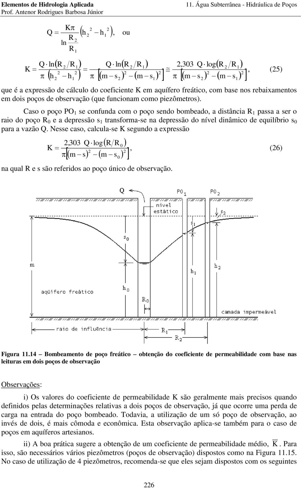 Nesse caso, calcula-se K segundo a expessão 33 K, Q log m s m s na qual e s são efeidos ao poço único de obsevação., (6) Figua.