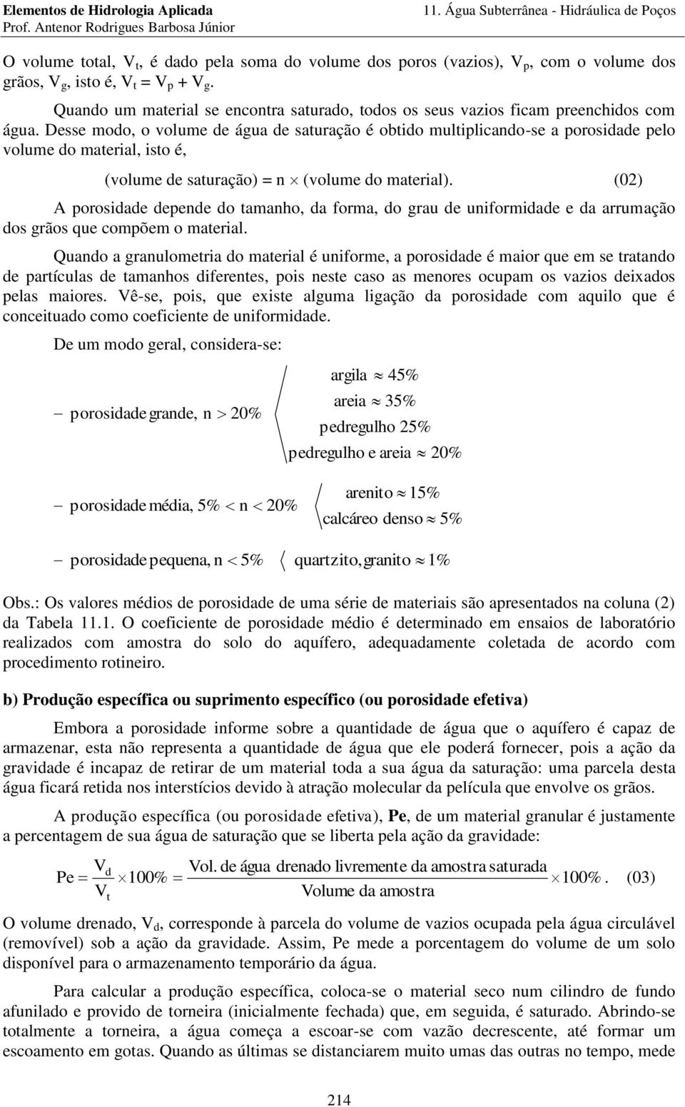 Desse modo, o volume de água de satuação é obtido multiplicando-se a poosidade pelo volume do mateial, isto é, (volume de satuação) = n (volume do mateial).