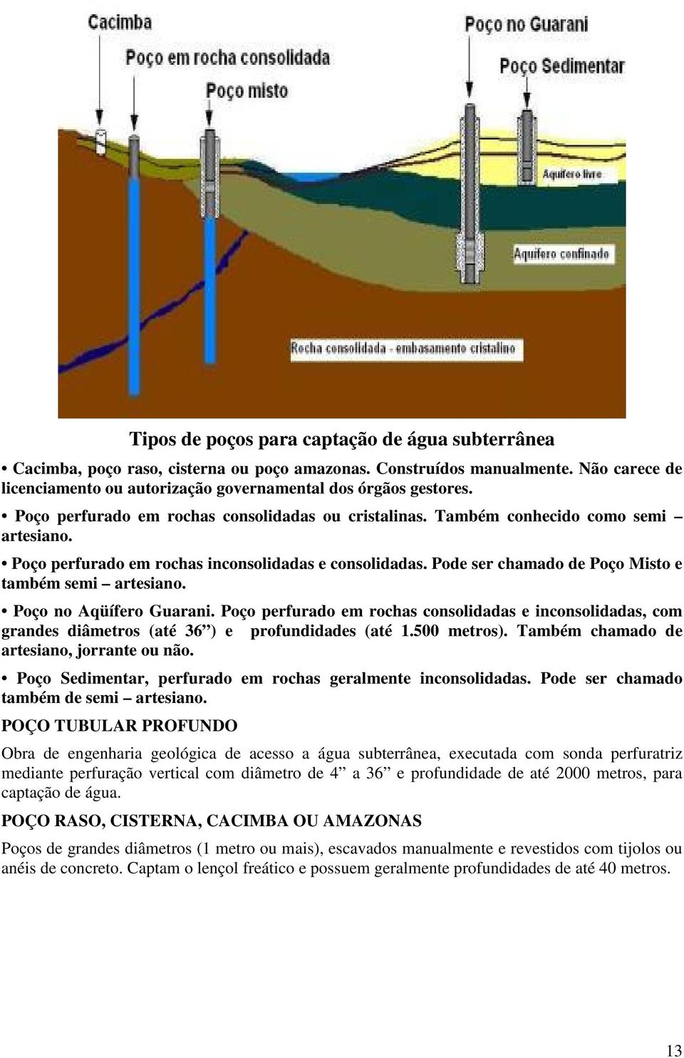 Pode ser chamado de Poço Misto e também semi artesiano. Poço no Aqüífero Guarani. Poço perfurado em rochas consolidadas e inconsolidadas, com grandes diâmetros (até 36 ) e profundidades (até 1.