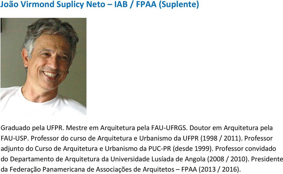 Professor adjunto do Curso de Arquitetura e Urbanismo da PUC-PR (desde 1999).