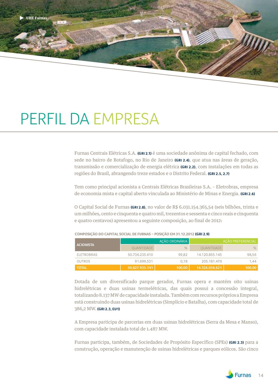 7) Tem como principal acionista a Centrais Elétricas Brasileiras S.A. Eletrobras, empresa de economia mista e capital aberto vinculada ao Ministério de Minas e Energia. (GRI 2.