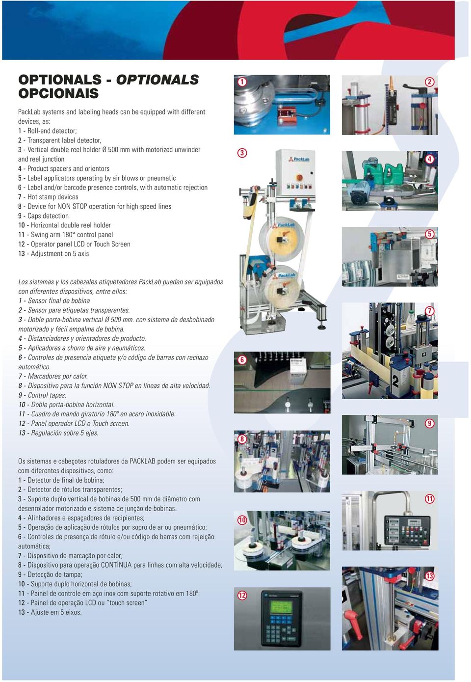 automatic rejection 7 - Hot stamp devices 8 - Device for NON STOP operation for high speed lines 9 - Caps detection 10 - Horizontal double reel holder 11 - Swing arm 180 control panel 12 - Operator