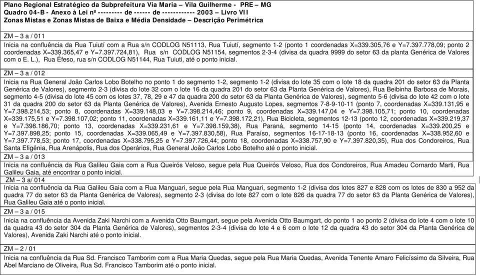 778,09; ponto 2 coordenadas X=339.365,47 e Y=7.397.724,81), Rua s/n CODLOG N51154, segmentos 2-3-4 (divisa da quadra 9999 do setor 63 da planta Genérica de Valores com o E. L.