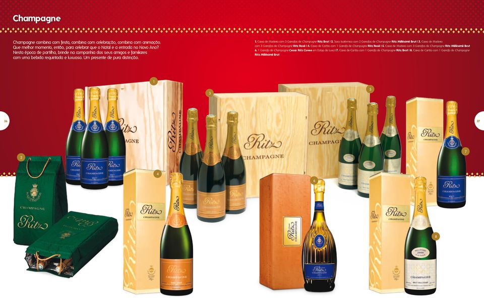 Caixa de Madeira com 3 Garrafas de Champagne Ritz Brut 2. Saco Isotérmico com 2 Garrafas de Champagne Ritz Millésimé Brut 3. Caixa de Madeira com 3 Garrafas de Champagne Ritz Rosé 4.