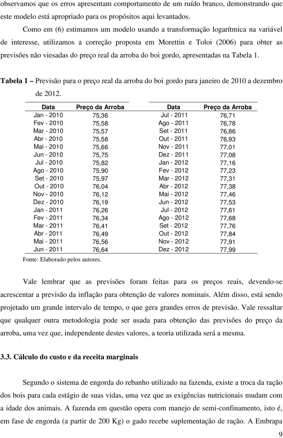 real da arroba do boi gordo, apresentadas na Tabela 1. Tabela 1 Previsão para o preço real da arroba do boi gordo para janeiro de 2010 a dezembro de 2012.